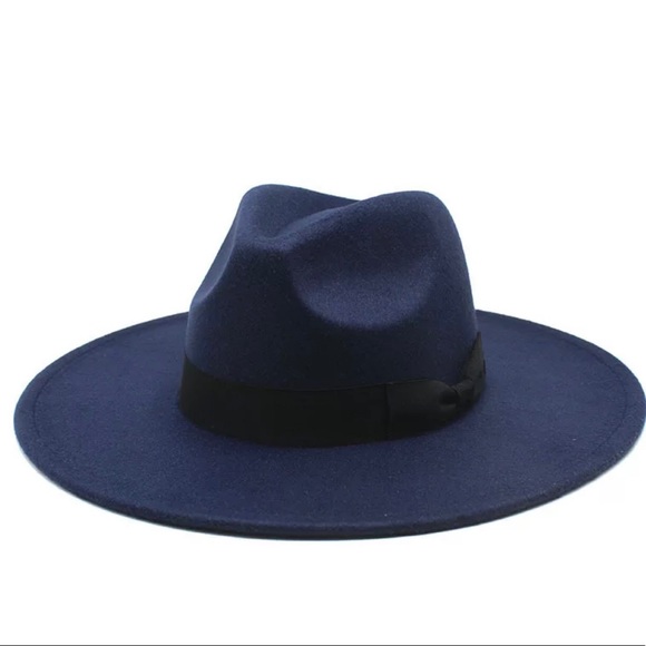 Navy Blue Fedora wide brim ribbon adjustable hat - Picture 1 of 15